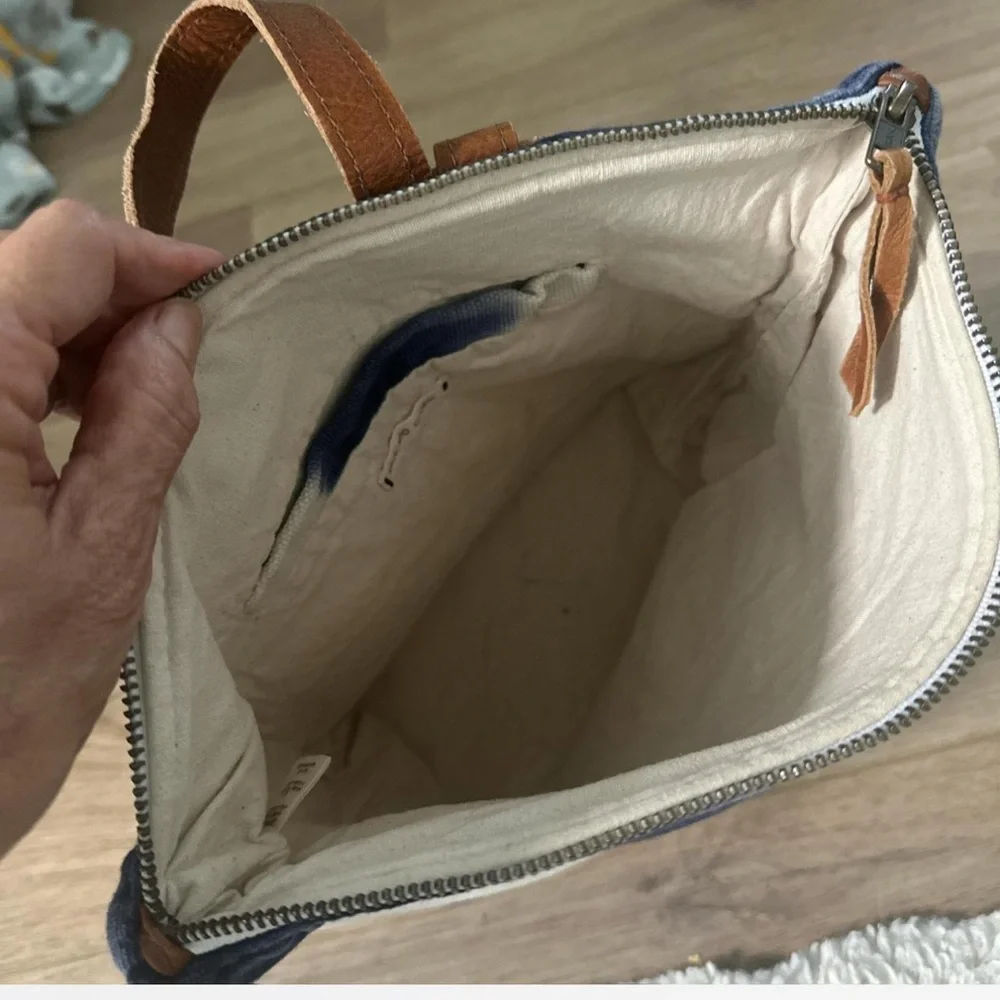 Mercado Global Lorena Nautical Blue and White Backpack with Leather Accents